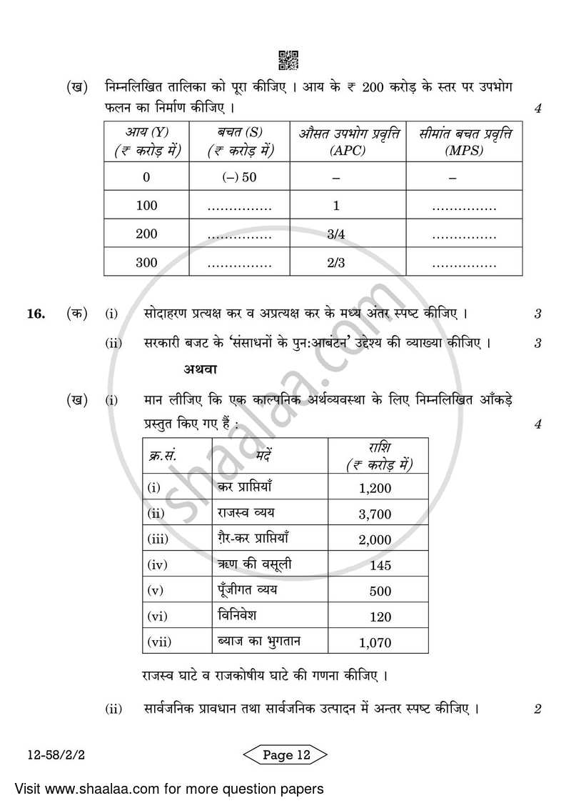 Economics 2023-2024 - CBSE 12th - Class 12 - CBSE (Central Board of Secondary Education) question paper with PDF download