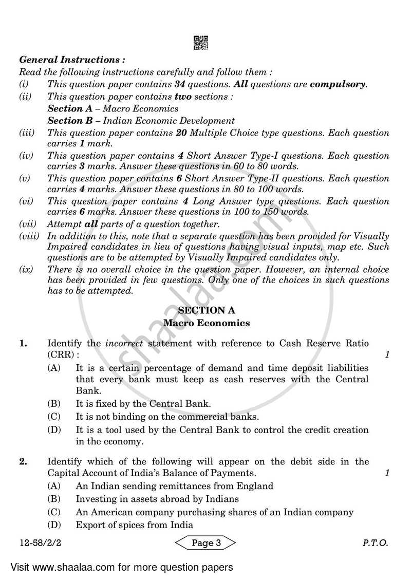 Economics 2023-2024 - CBSE 12th - Class 12 - CBSE (Central Board of Secondary Education) question paper with PDF download