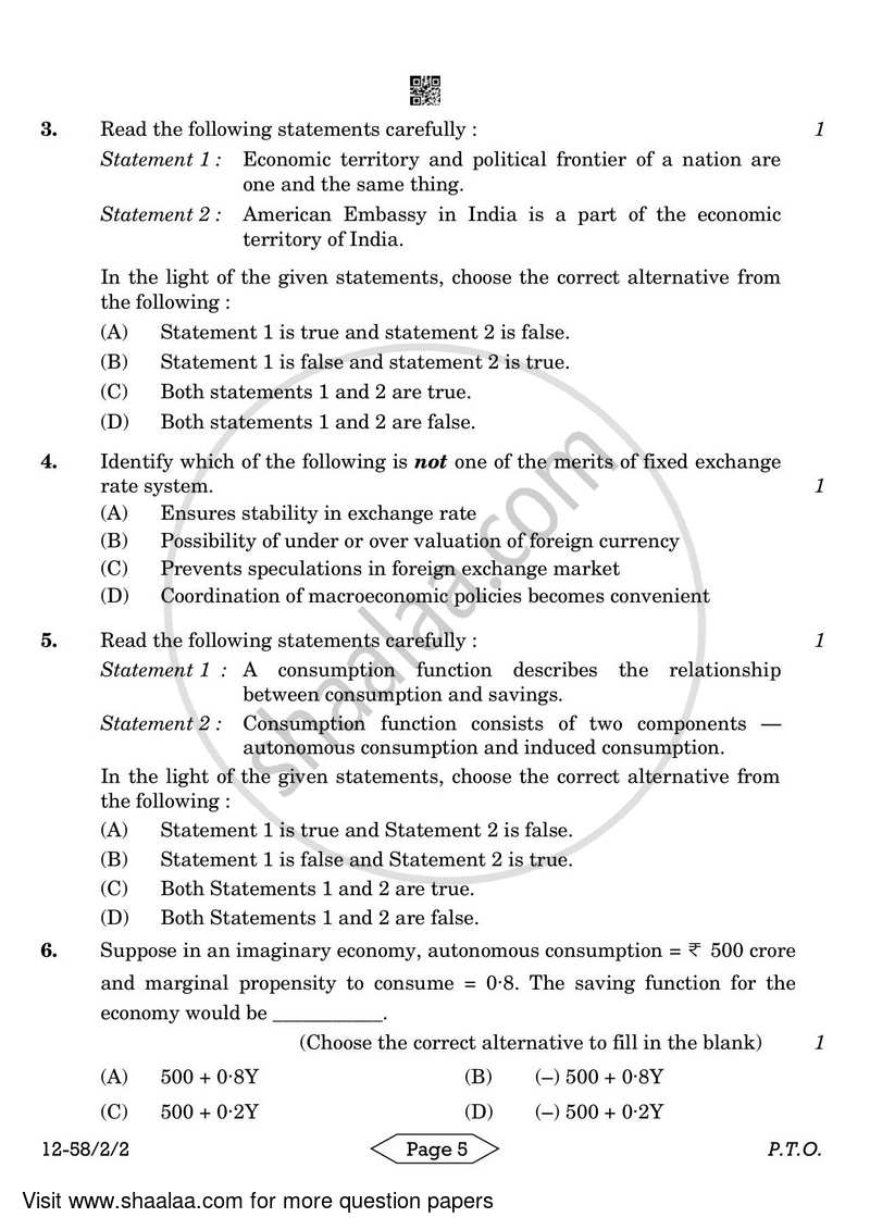 Economics 2023-2024 - CBSE 12th - Class 12 - CBSE (Central Board of Secondary Education) question paper with PDF download