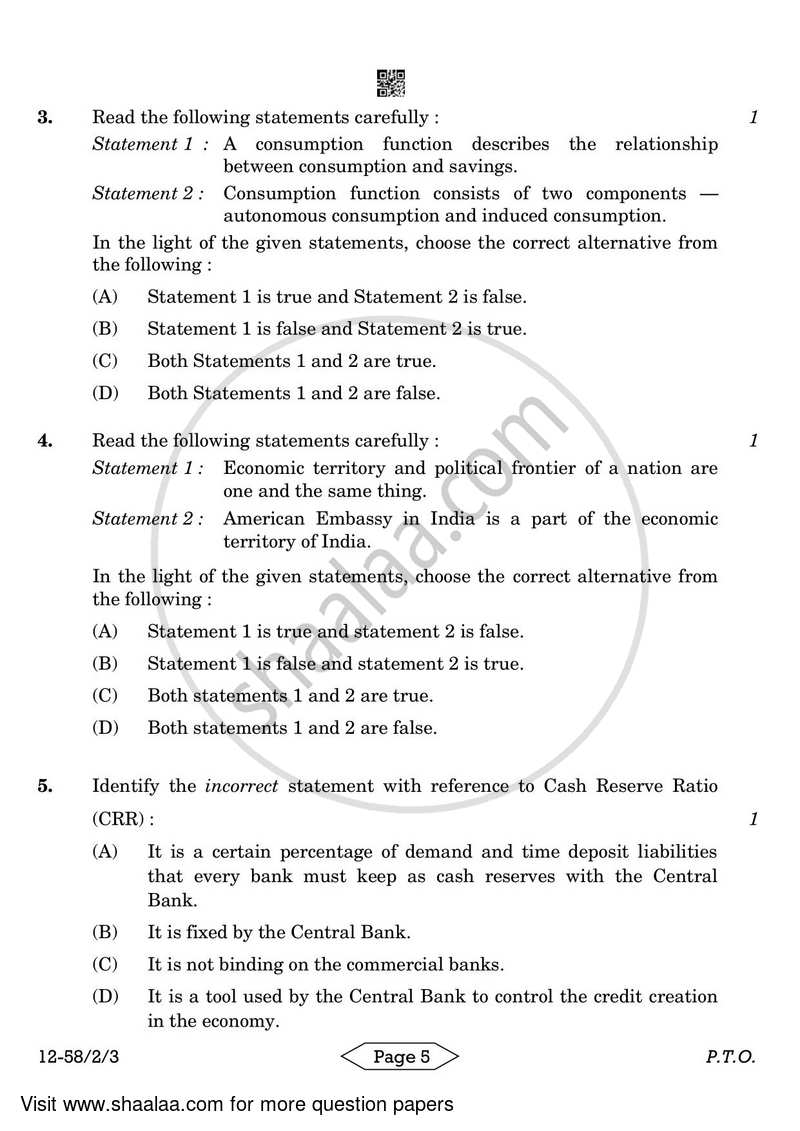 Economics 2023-2024 - CBSE 12th - Class 12 - CBSE (Central Board of Secondary Education) question paper with PDF download