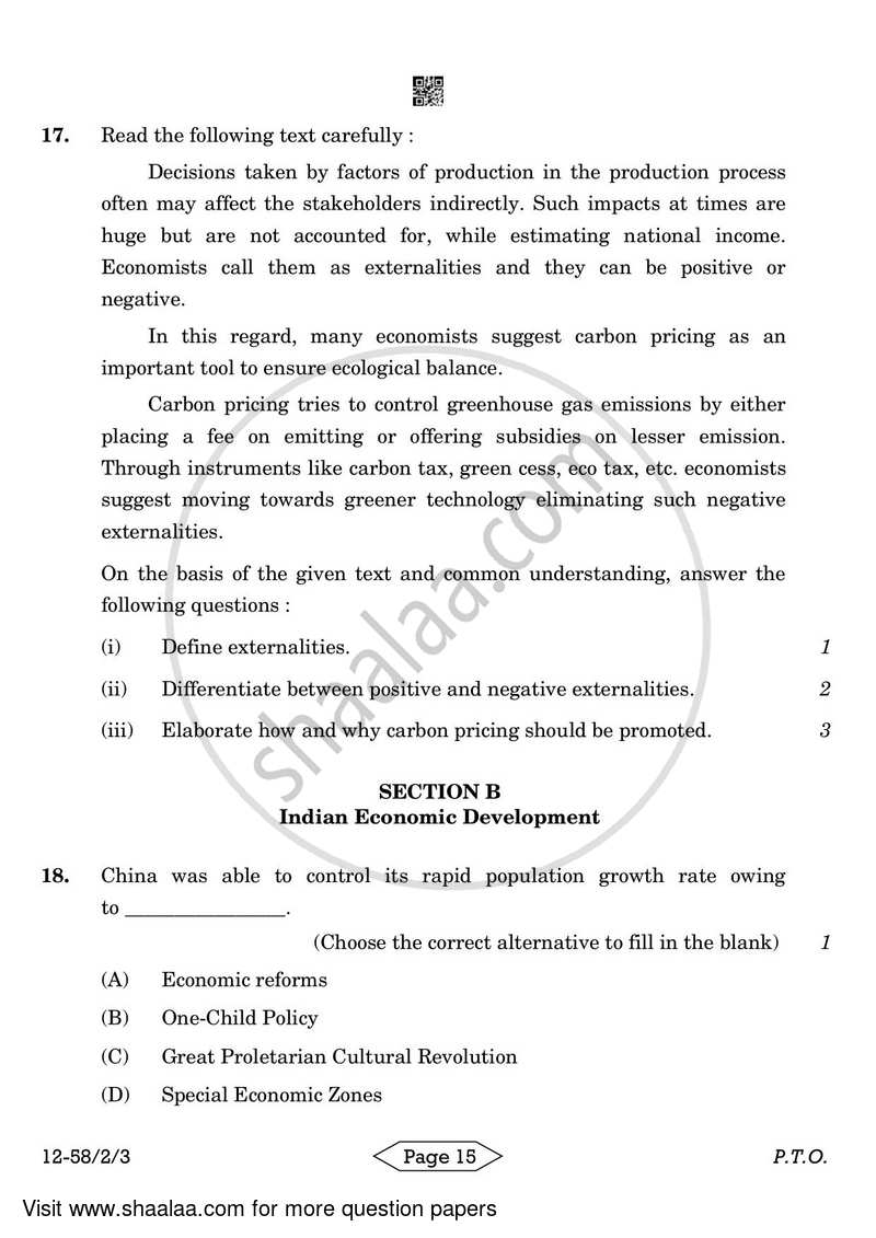 Economics 2023-2024 - CBSE 12th - Class 12 - CBSE (Central Board of Secondary Education) question paper with PDF download