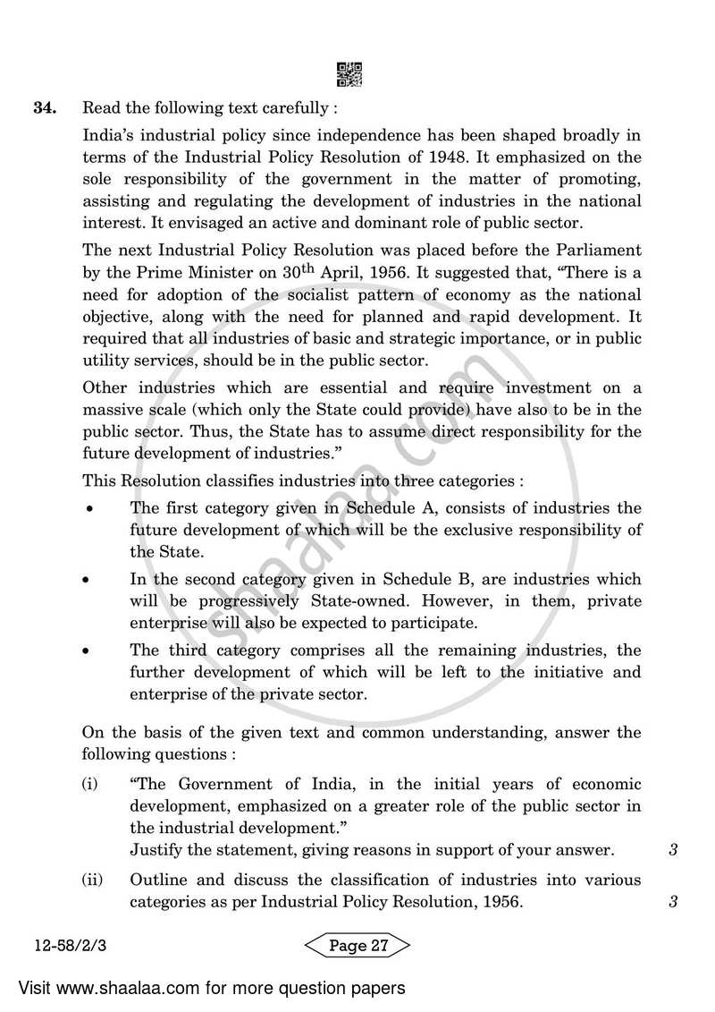 Economics 2023-2024 - CBSE 12th - Class 12 - CBSE (Central Board of Secondary Education) question paper with PDF download