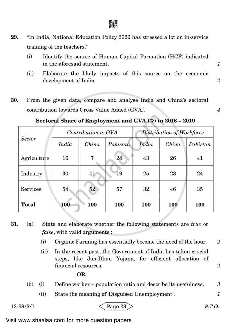 Economics 2023-2024 - CBSE 12th - Class 12 - CBSE (Central Board of Secondary Education) question paper with PDF download