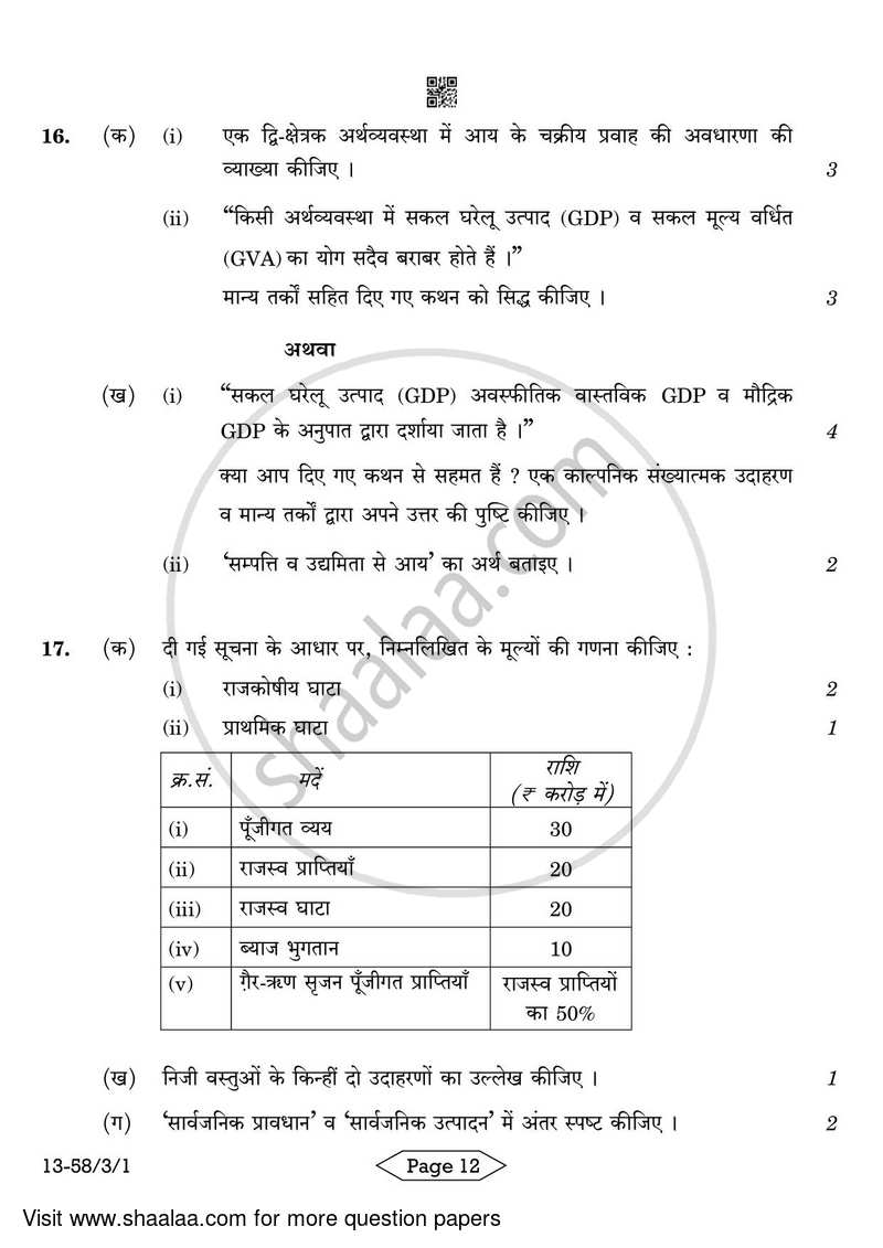 Economics 2023-2024 - CBSE 12th - Class 12 - CBSE (Central Board of Secondary Education) question paper with PDF download