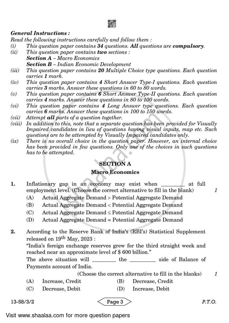 Economics 2023-2024 - CBSE 12th - Class 12 - CBSE (Central Board of Secondary Education) question paper with PDF download