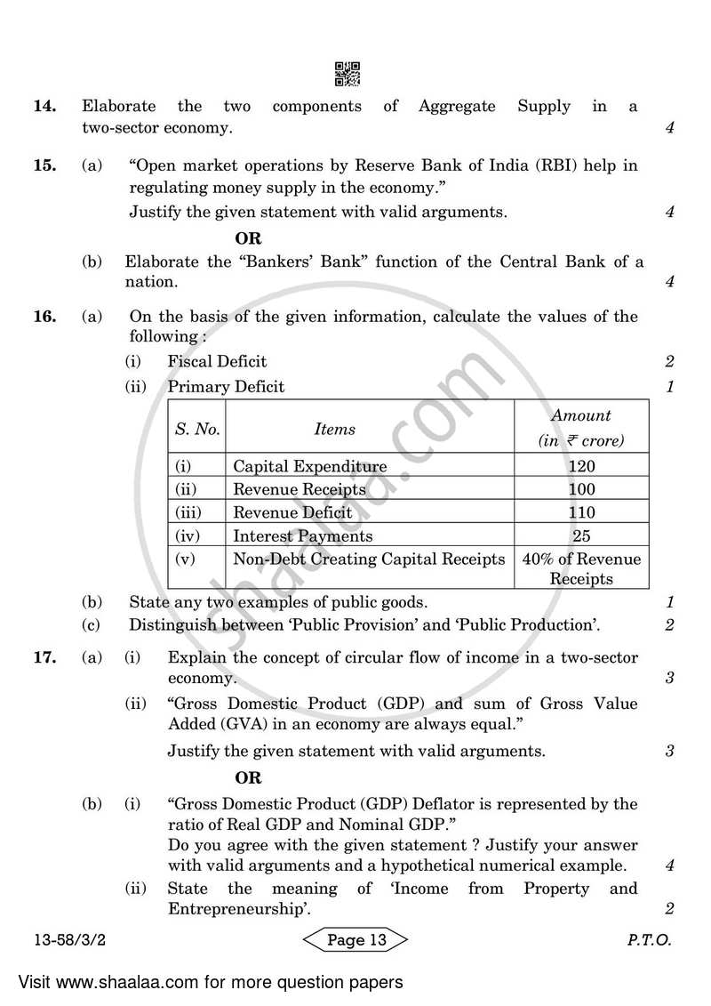 Economics 2023-2024 - CBSE 12th - Class 12 - CBSE (Central Board of Secondary Education) question paper with PDF download