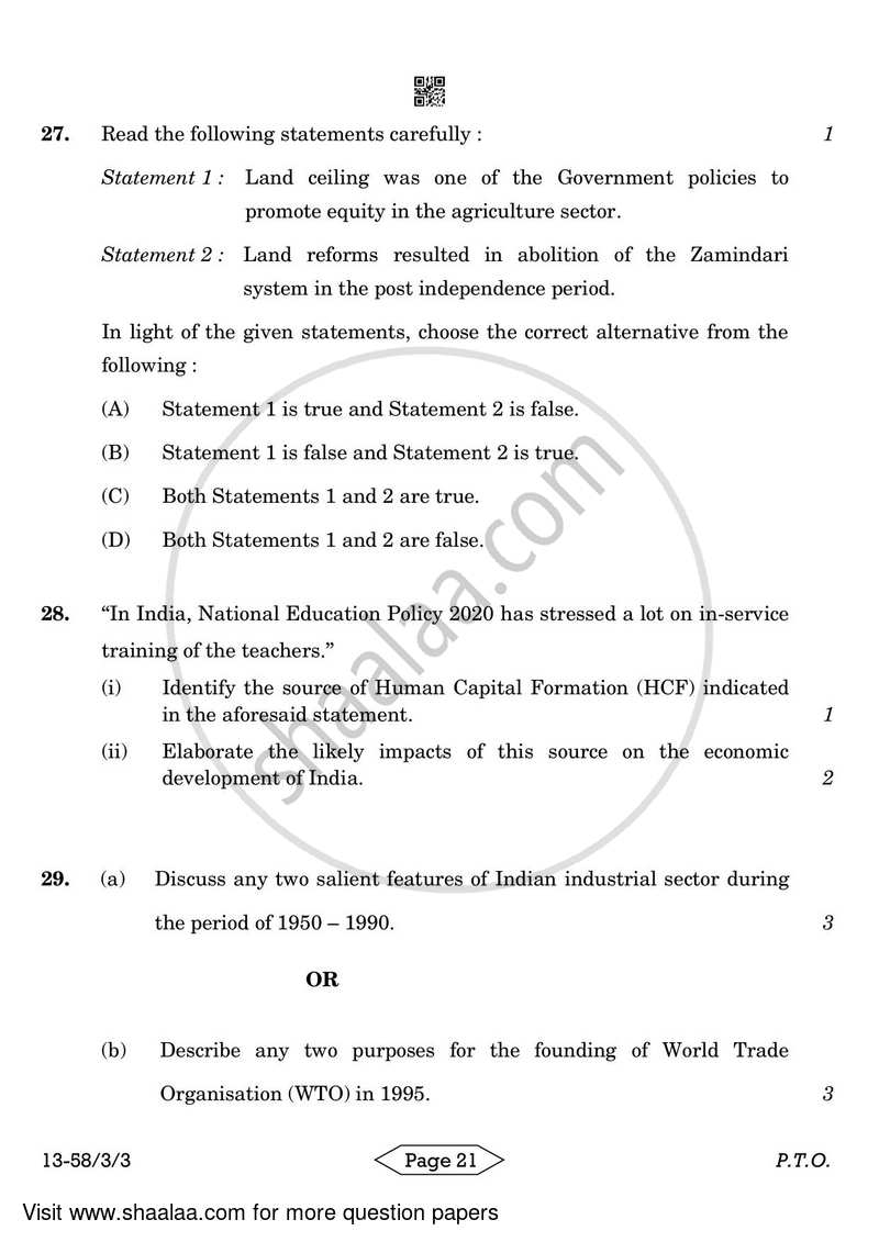 Economics 2023-2024 - CBSE 12th - Class 12 - CBSE (Central Board of Secondary Education) question paper with PDF download