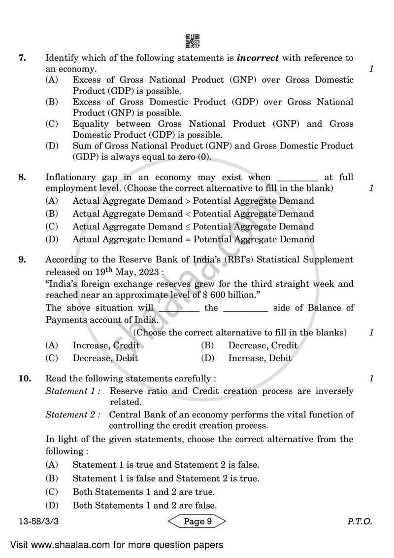 Economics 2023-2024 - CBSE 12th - Class 12 - CBSE (Central Board of Secondary Education) question paper with PDF download