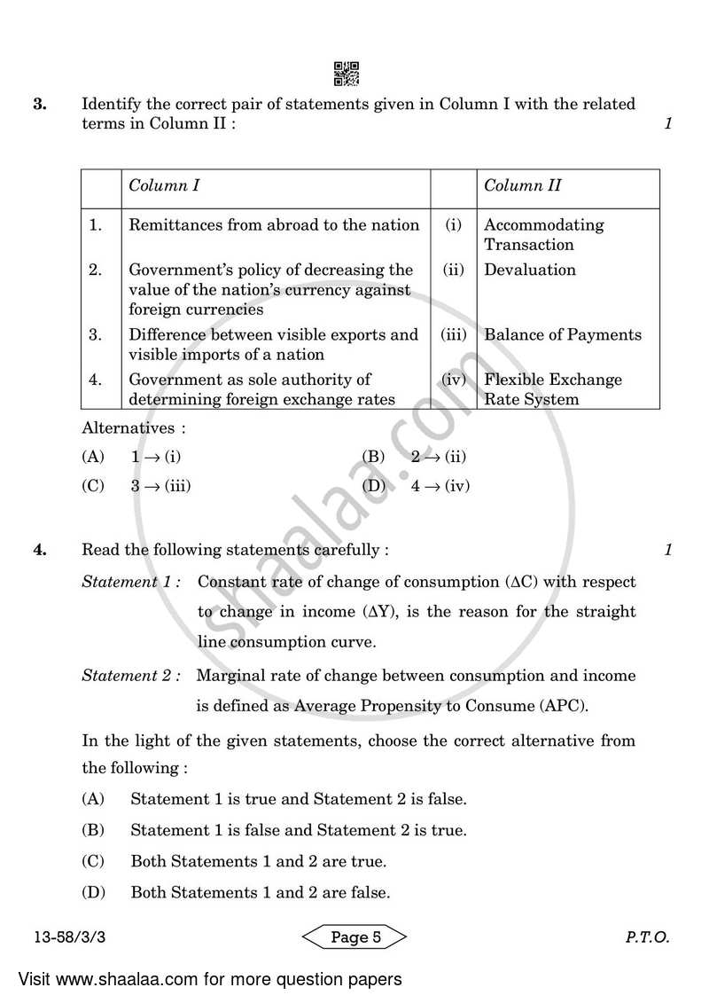 Economics 2023-2024 - CBSE 12th - Class 12 - CBSE (Central Board of Secondary Education) question paper with PDF download