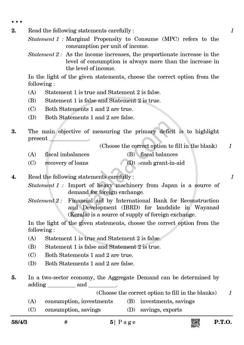 Economics 2024-2025 - CBSE 12th - Class 12 - CBSE (Central Board of Secondary Education) question paper with PDF download