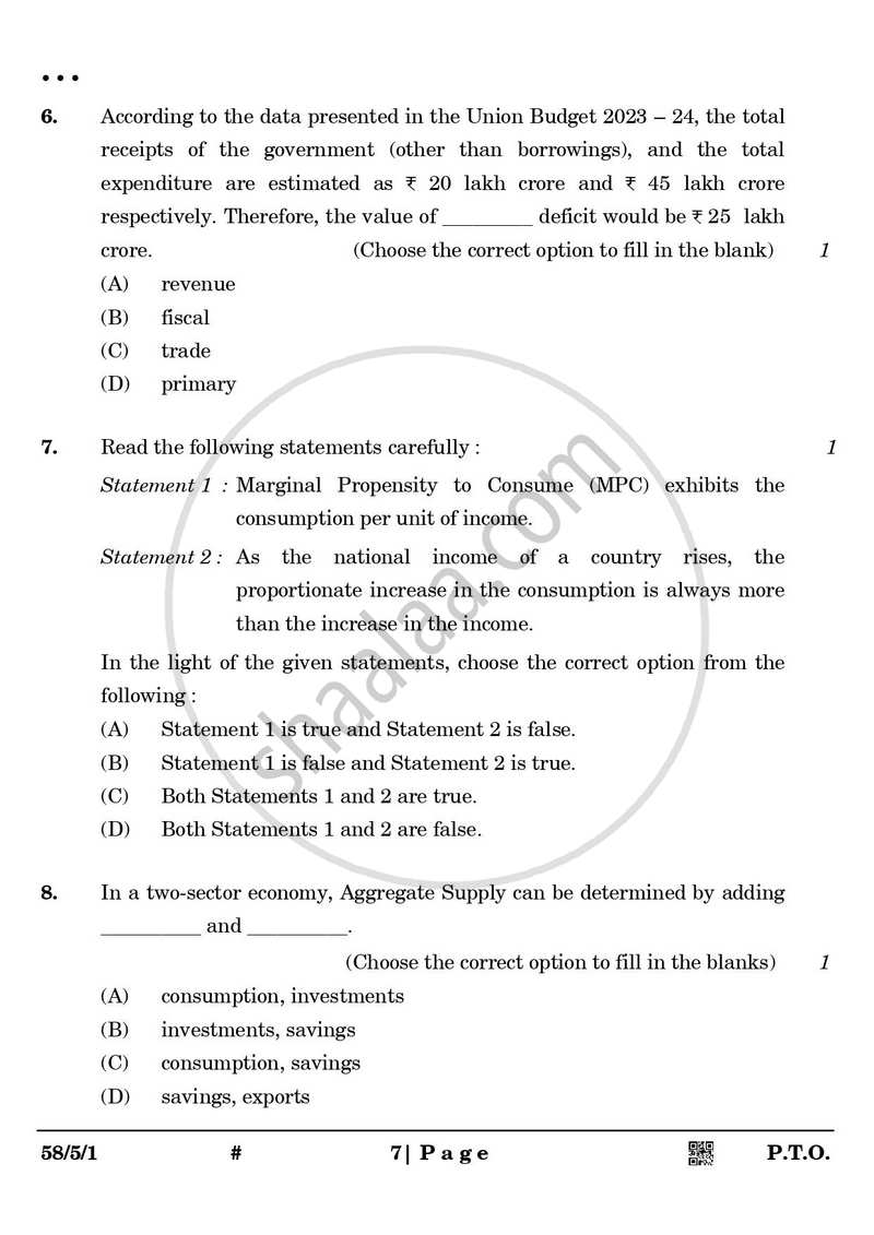 Economics 2024-2025 - CBSE 12th - Class 12 - CBSE (Central Board of Secondary Education) question paper with PDF download