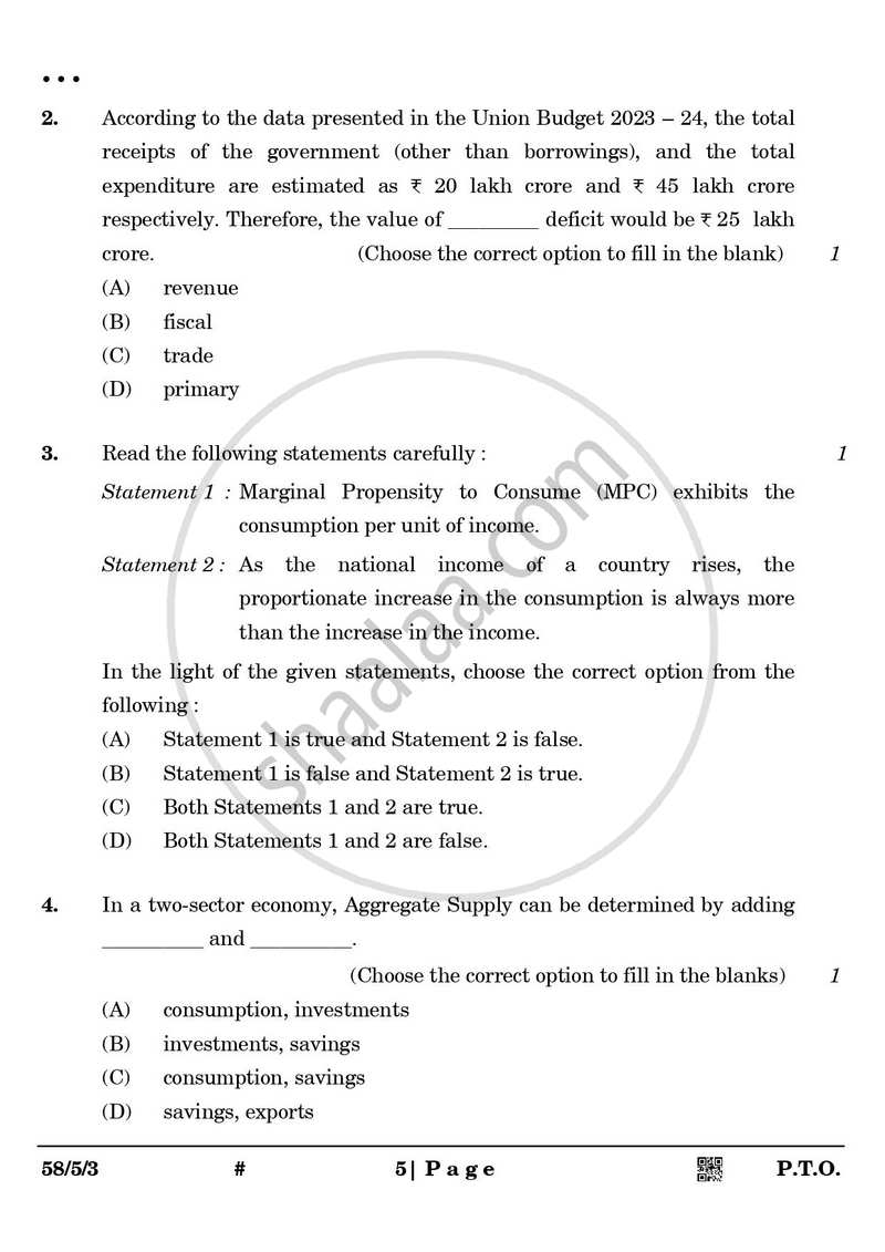 Economics 2024-2025 - CBSE 12th - Class 12 - CBSE (Central Board of Secondary Education) question paper with PDF download