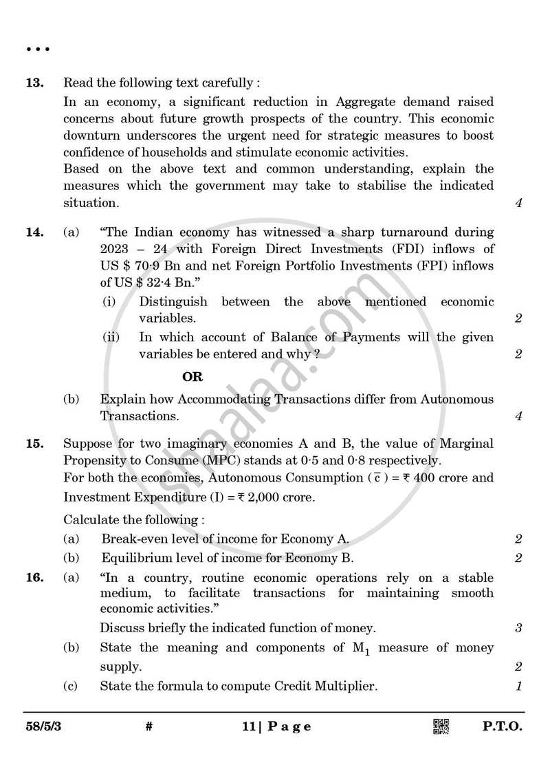 Economics 2024-2025 - CBSE 12th - Class 12 - CBSE (Central Board of Secondary Education) question paper with PDF download