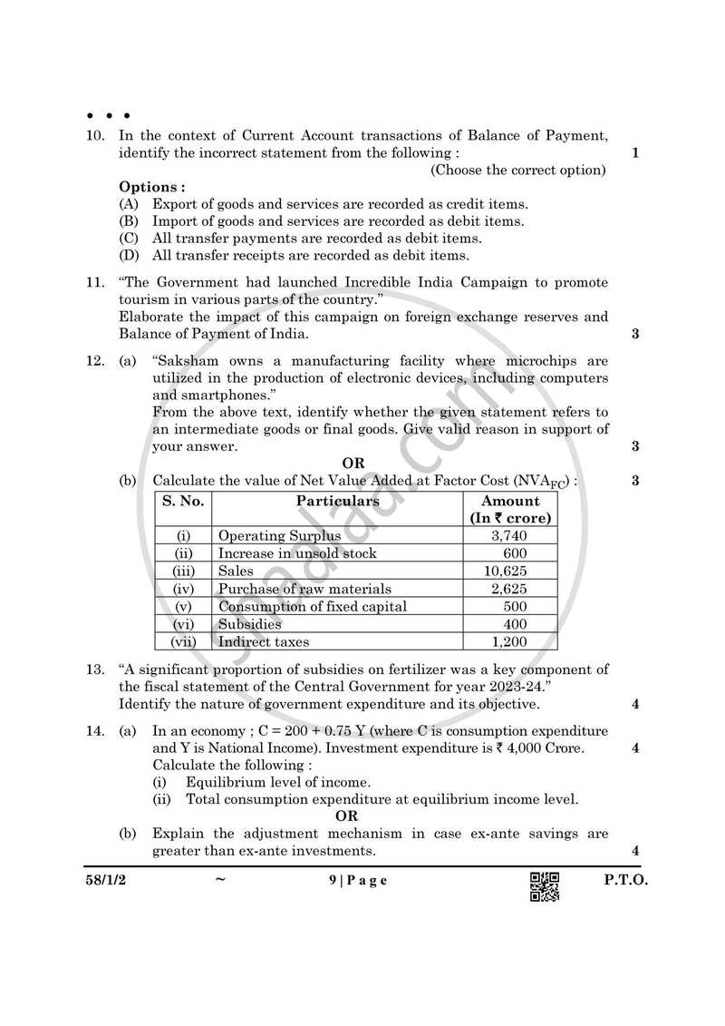 Economics 2024-2025 - CBSE 12th - Class 12 - CBSE (Central Board of Secondary Education) question paper with PDF download