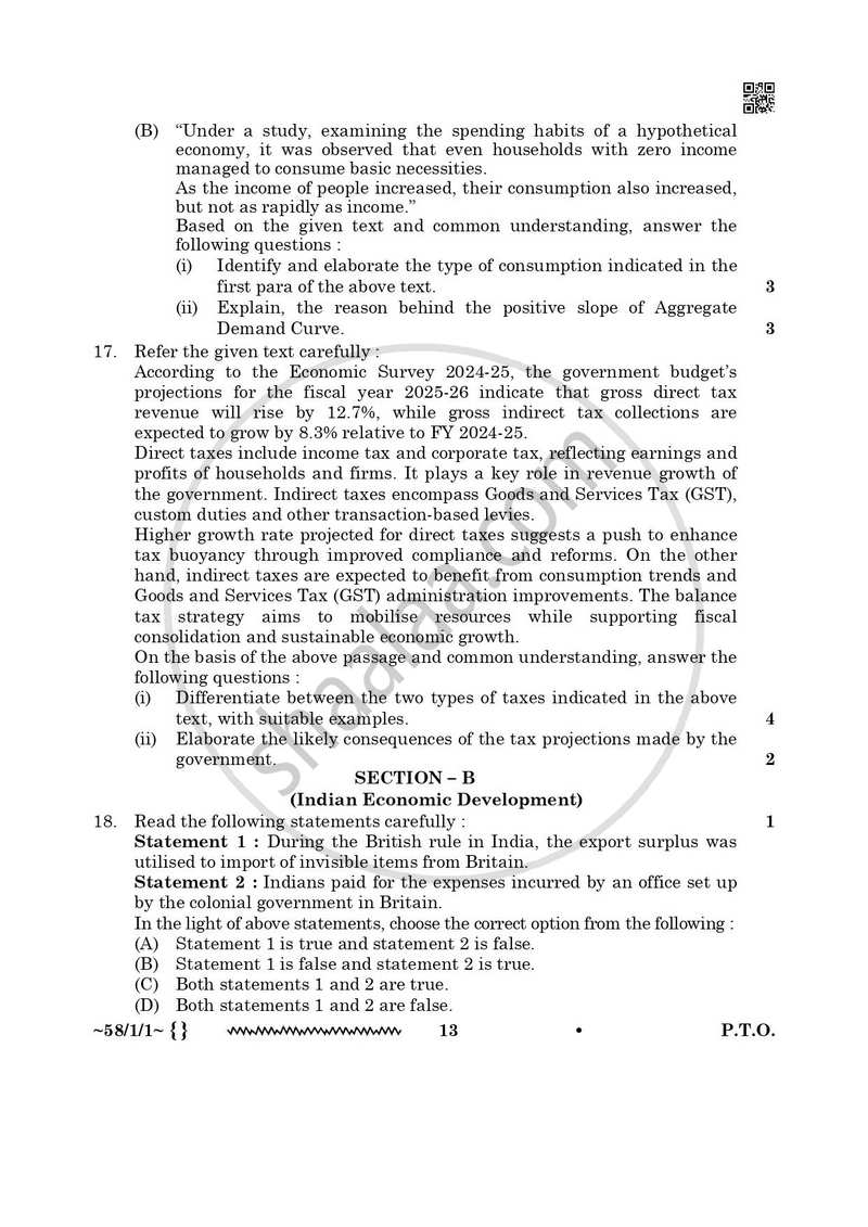 Economics 2025-2026 - CBSE 12th - Class 12 - CBSE (Central Board of Secondary Education) question paper with PDF download