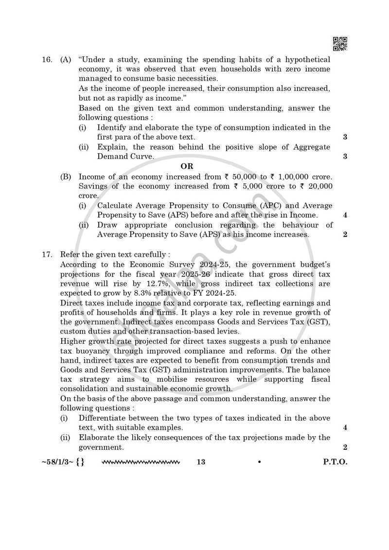 Economics 2025-2026 - CBSE 12th - Class 12 - CBSE (Central Board of Secondary Education) question paper with PDF download