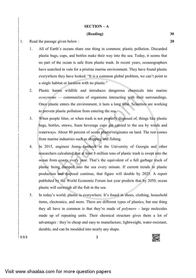 English Core 2018-2019 - CBSE 12th - Class 12 - CBSE (Central Board of Secondary Education) question paper with PDF download