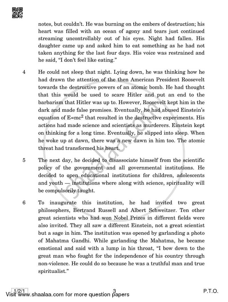 English Core 2018-2019 - CBSE 12th - Class 12 - CBSE (Central Board of Secondary Education) question paper with PDF download