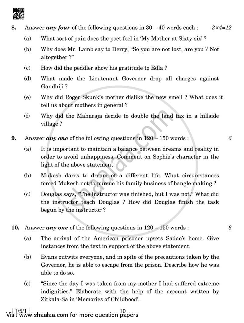 English Core 2018-2019 - CBSE 12th - Class 12 - CBSE (Central Board of Secondary Education) question paper with PDF download