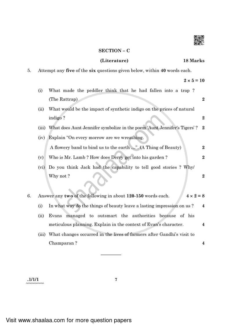 English Core 2021-2022 - CBSE 12th - Class 12 - CBSE (Central Board of Secondary Education) question paper with PDF download