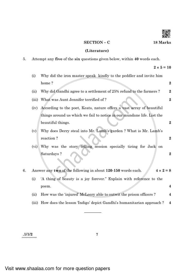 English Core 2021-2022 - CBSE 12th - Class 12 - CBSE (Central Board of Secondary Education) question paper with PDF download
