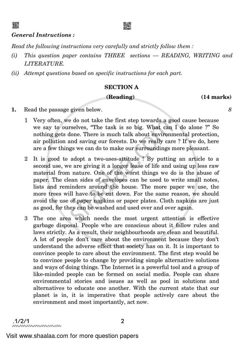 English Core 2021-2022 - CBSE 12th - Class 12 - CBSE (Central Board of Secondary Education) question paper with PDF download