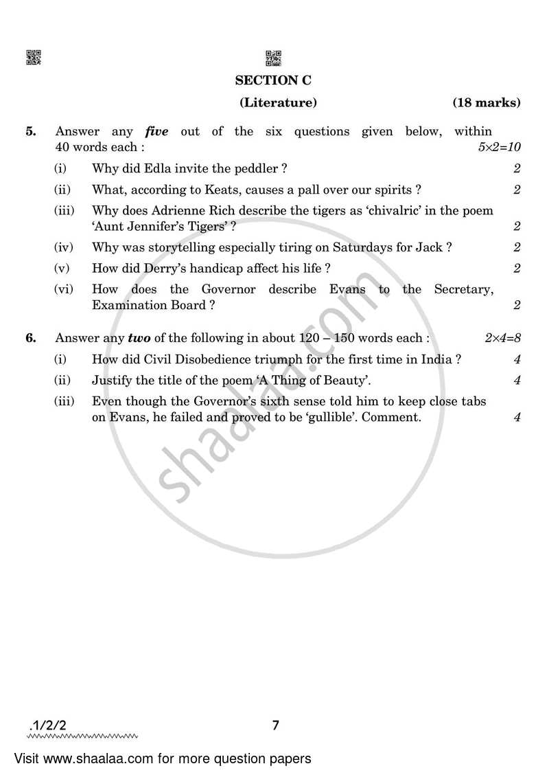 English Core 2021-2022 - CBSE 12th - Class 12 - CBSE (Central Board of Secondary Education) question paper with PDF download
