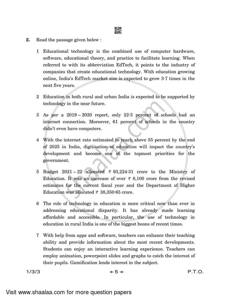 English Core 2022-2023 - CBSE 12th - Class 12 - CBSE (Central Board of Secondary Education) question paper with PDF download