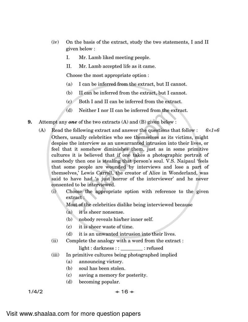 English Core 2022-2023 - CBSE 12th - Class 12 - CBSE (Central Board of Secondary Education) question paper with PDF download