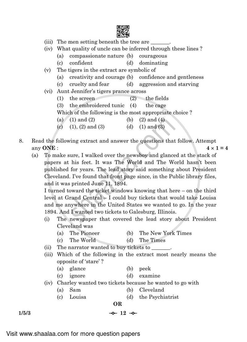 English Core 2022-2023 - CBSE 12th - Class 12 - CBSE (Central Board of Secondary Education) question paper with PDF download