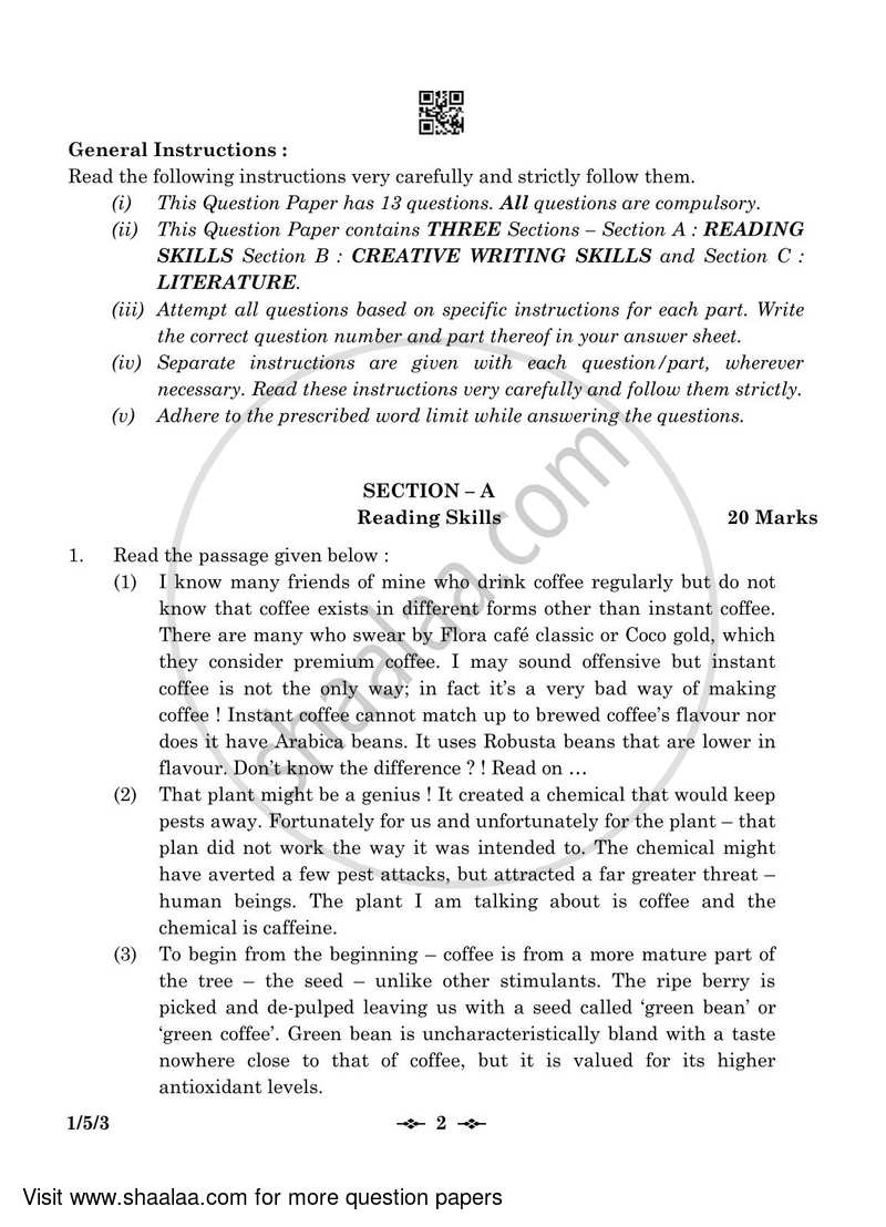 English Core 2022-2023 - CBSE 12th - Class 12 - CBSE (Central Board of Secondary Education) question paper with PDF download