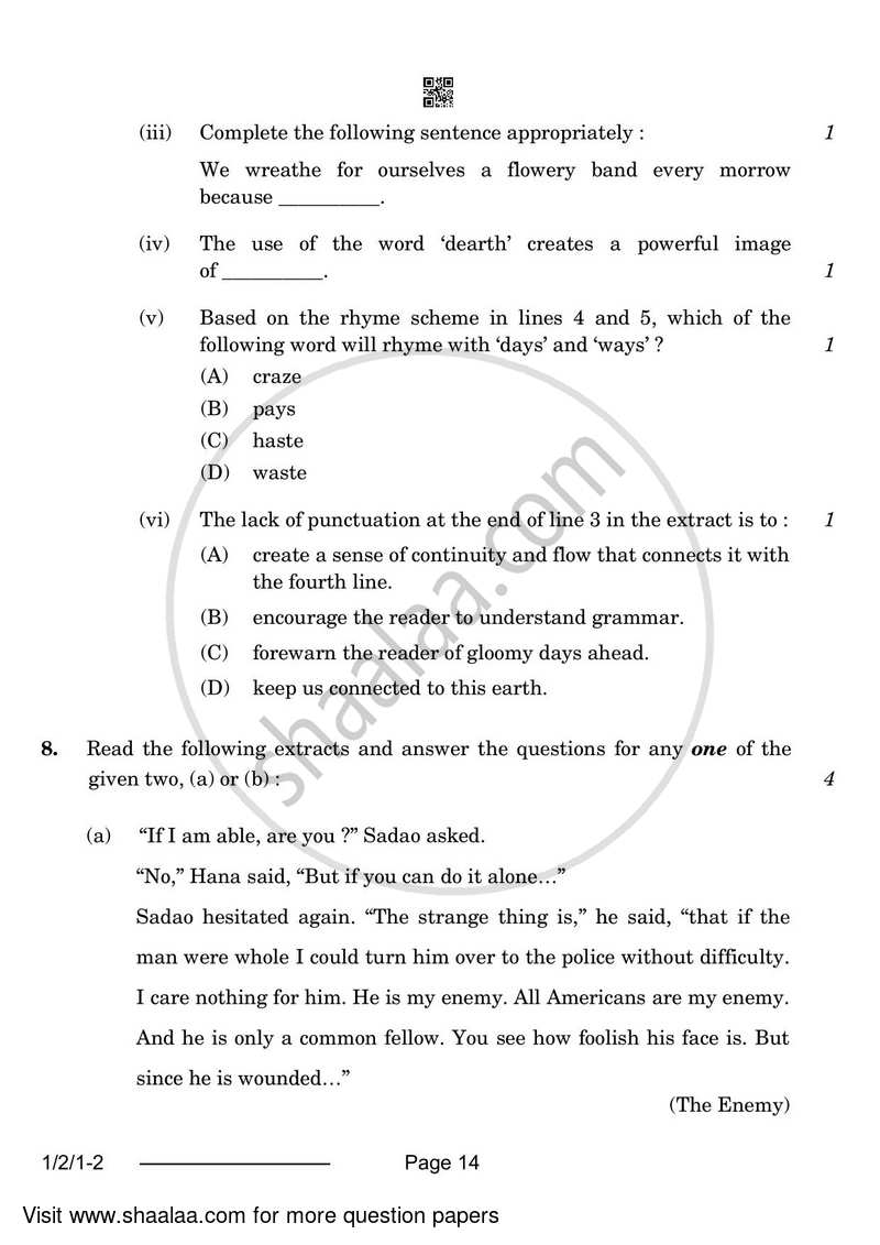 English Core 2023-2024 - CBSE 12th - Class 12 - CBSE (Central Board of Secondary Education) question paper with PDF download