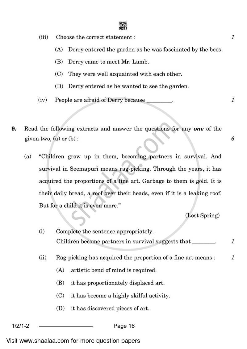 English Core 2023-2024 - CBSE 12th - Class 12 - CBSE (Central Board of Secondary Education) question paper with PDF download