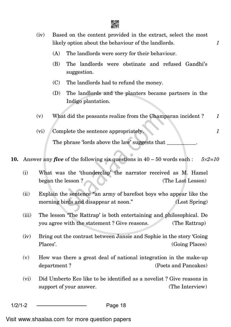 English Core 2023-2024 - CBSE 12th - Class 12 - CBSE (Central Board of Secondary Education) question paper with PDF download