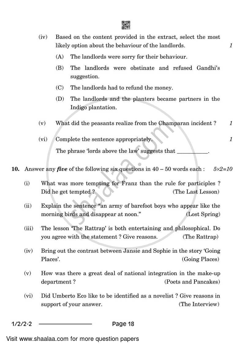 English Core 2023-2024 - CBSE 12th - Class 12 - CBSE (Central Board of Secondary Education) question paper with PDF download