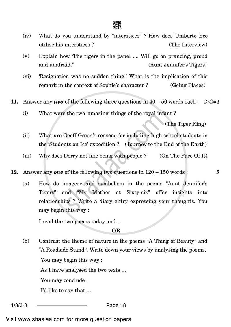 English Core 2023-2024 - CBSE 12th - Class 12 - CBSE (Central Board of Secondary Education) question paper with PDF download