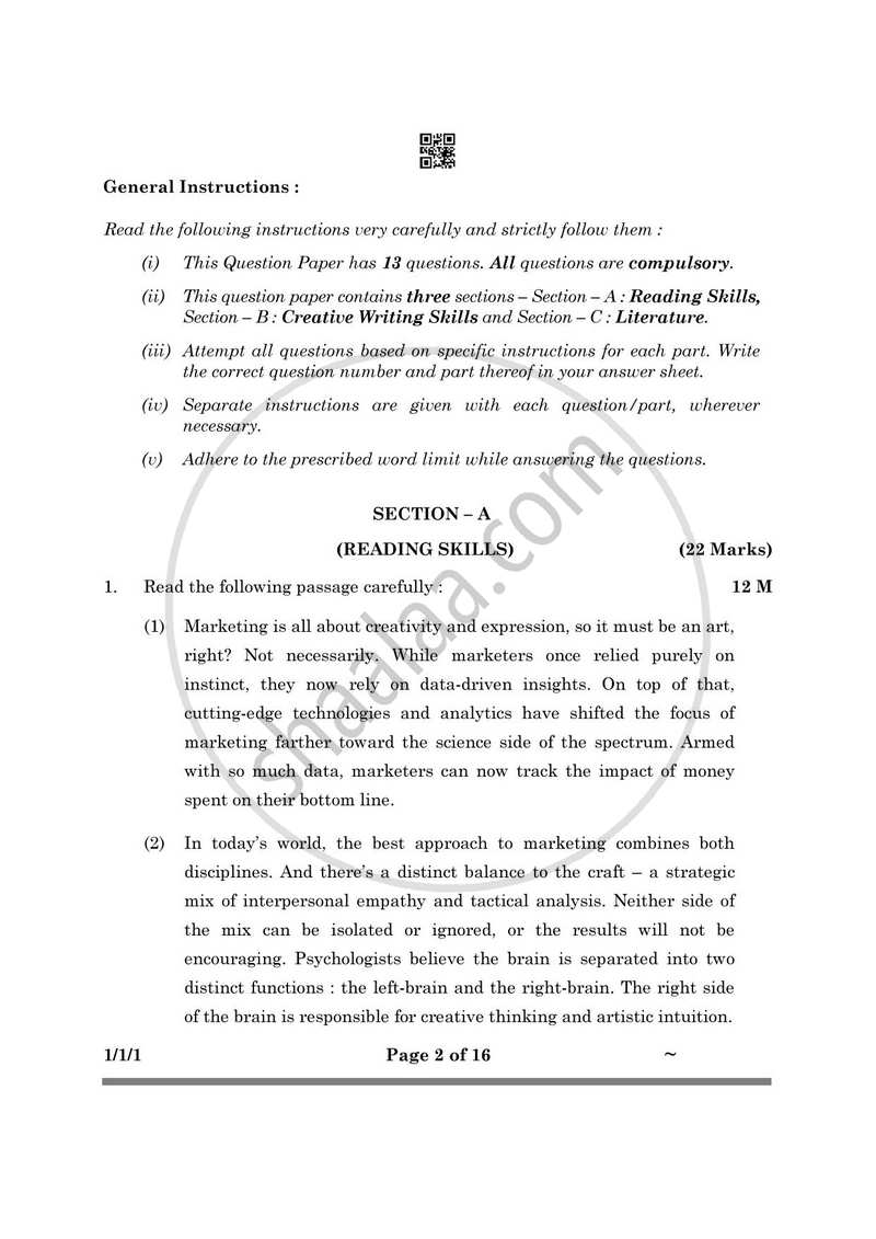English Core 2024-2025 - CBSE 12th - Class 12 - CBSE (Central Board of Secondary Education) question paper with PDF download
