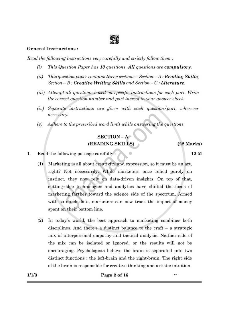 English Core 2024-2025 - CBSE 12th - Class 12 - CBSE (Central Board of Secondary Education) question paper with PDF download