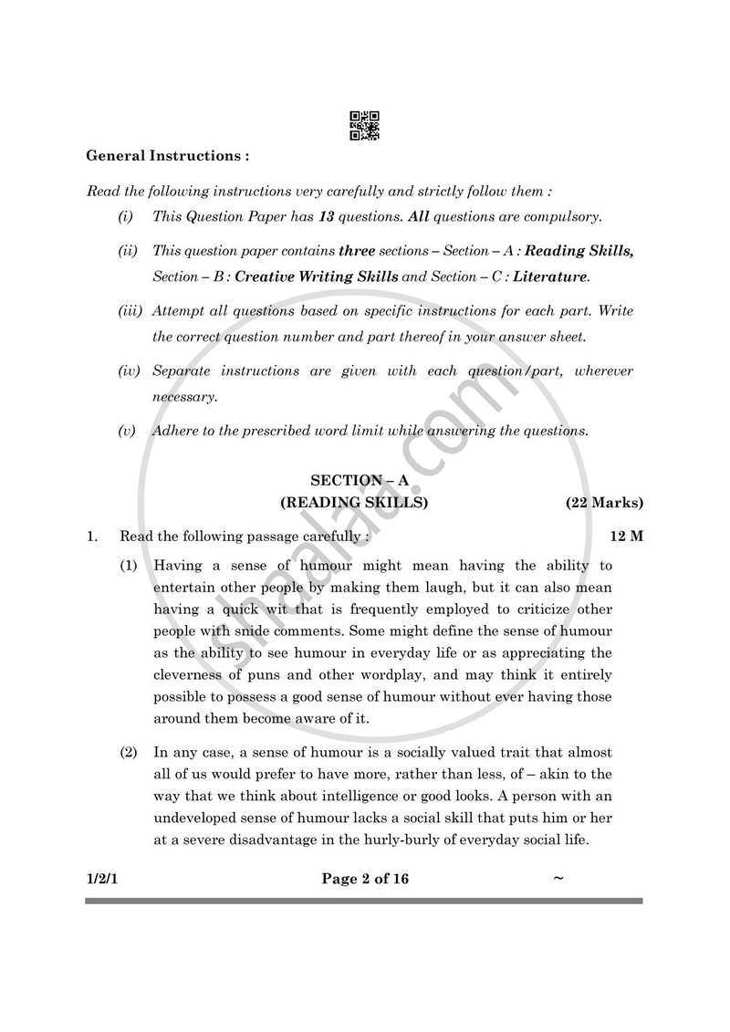 English Core 2024-2025 - CBSE 12th - Class 12 - CBSE (Central Board of Secondary Education) question paper with PDF download