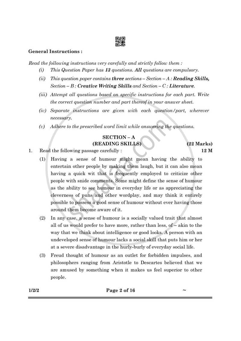 English Core 2024-2025 - CBSE 12th - Class 12 - CBSE (Central Board of Secondary Education) question paper with PDF download