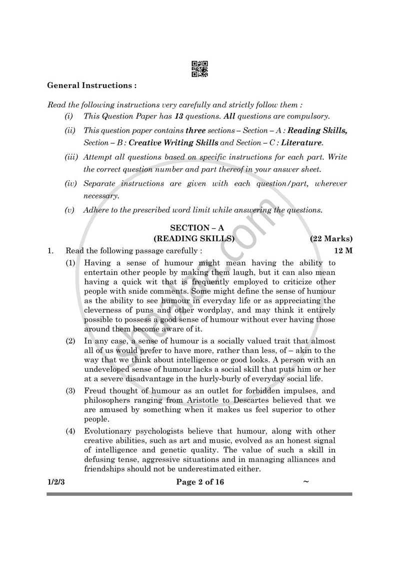 English Core 2024-2025 - CBSE 12th - Class 12 - CBSE (Central Board of Secondary Education) question paper with PDF download