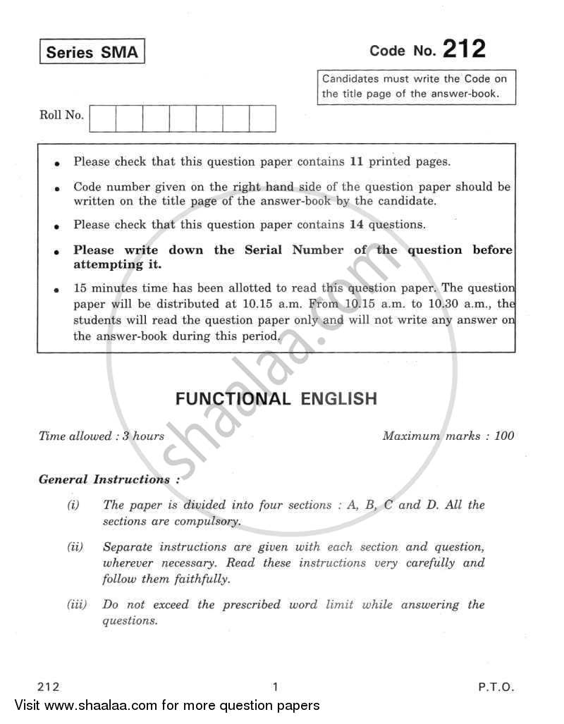 English Elective - CBSE (Functional English) 2011-2012 - CBSE 12th - Class 12 - CBSE (Central Board of Secondary Education) question paper with PDF download