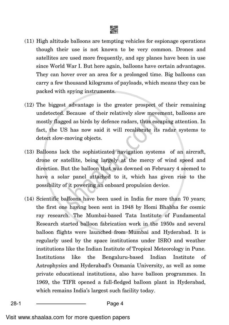 English Elective - CBSE (Functional English) 2023-2024 - CBSE 12th - Class 12 - CBSE (Central Board of Secondary Education) question paper with PDF download