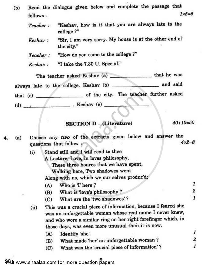 English Elective - NCERT 2010-2011 - CBSE 12th - Class 12 - CBSE (Central Board of Secondary Education) question paper with PDF download