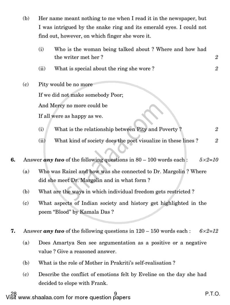 English Elective - NCERT 2018-2019 - CBSE 12th - Class 12 - CBSE (Central Board of Secondary Education) question paper with PDF download
