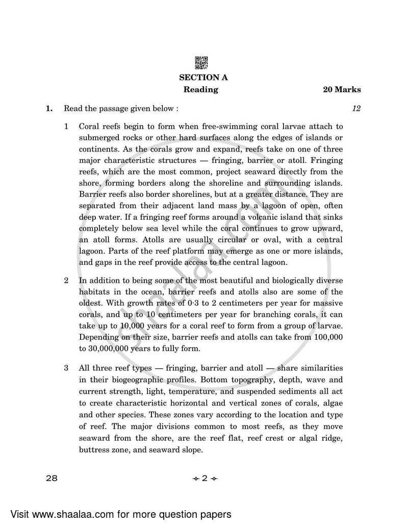 English Elective - NCERT 2022-2023 - CBSE 12th - Class 12 - CBSE (Central Board of Secondary Education) question paper with PDF download