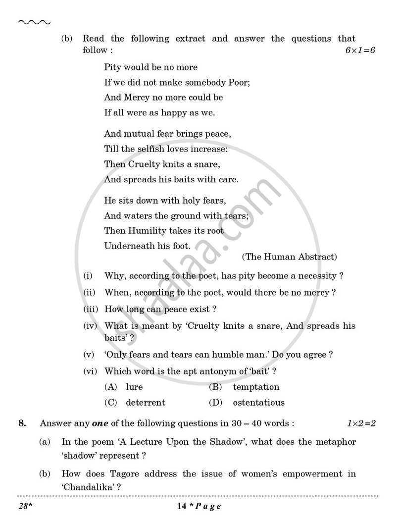 English Elective - NCERT 2025-2026 - CBSE 12th - Class 12 - CBSE (Central Board of Secondary Education) question paper with PDF download