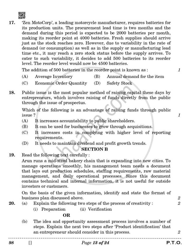 Entrepreneurship 2025-2026 - CBSE 12th - Class 12 - CBSE (Central Board of Secondary Education) question paper with PDF download