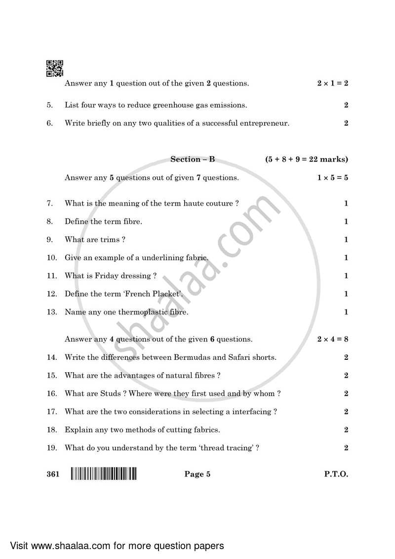 Fashion Studies 2021-2022 - CBSE 12th - Class 12 - CBSE (Central Board of Secondary Education) question paper with PDF download
