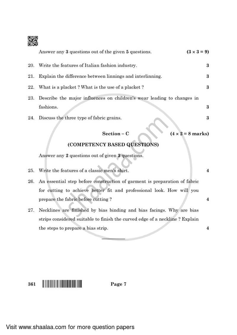 Fashion Studies 2021-2022 - CBSE 12th - Class 12 - CBSE (Central Board of Secondary Education) question paper with PDF download